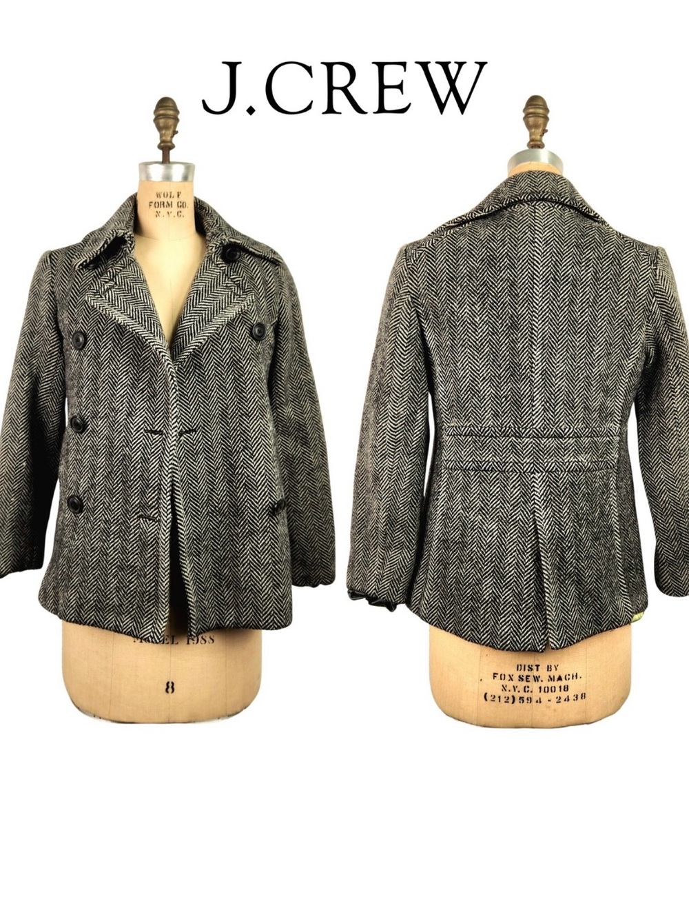 J. Crew Herringbone Wool Peacoat - Black & White Herringbone with Lime Lining